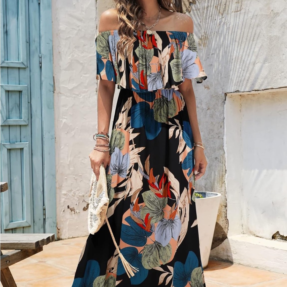 Floral Maxi Dress with Leaf Print boho ruffle long hawaain dress